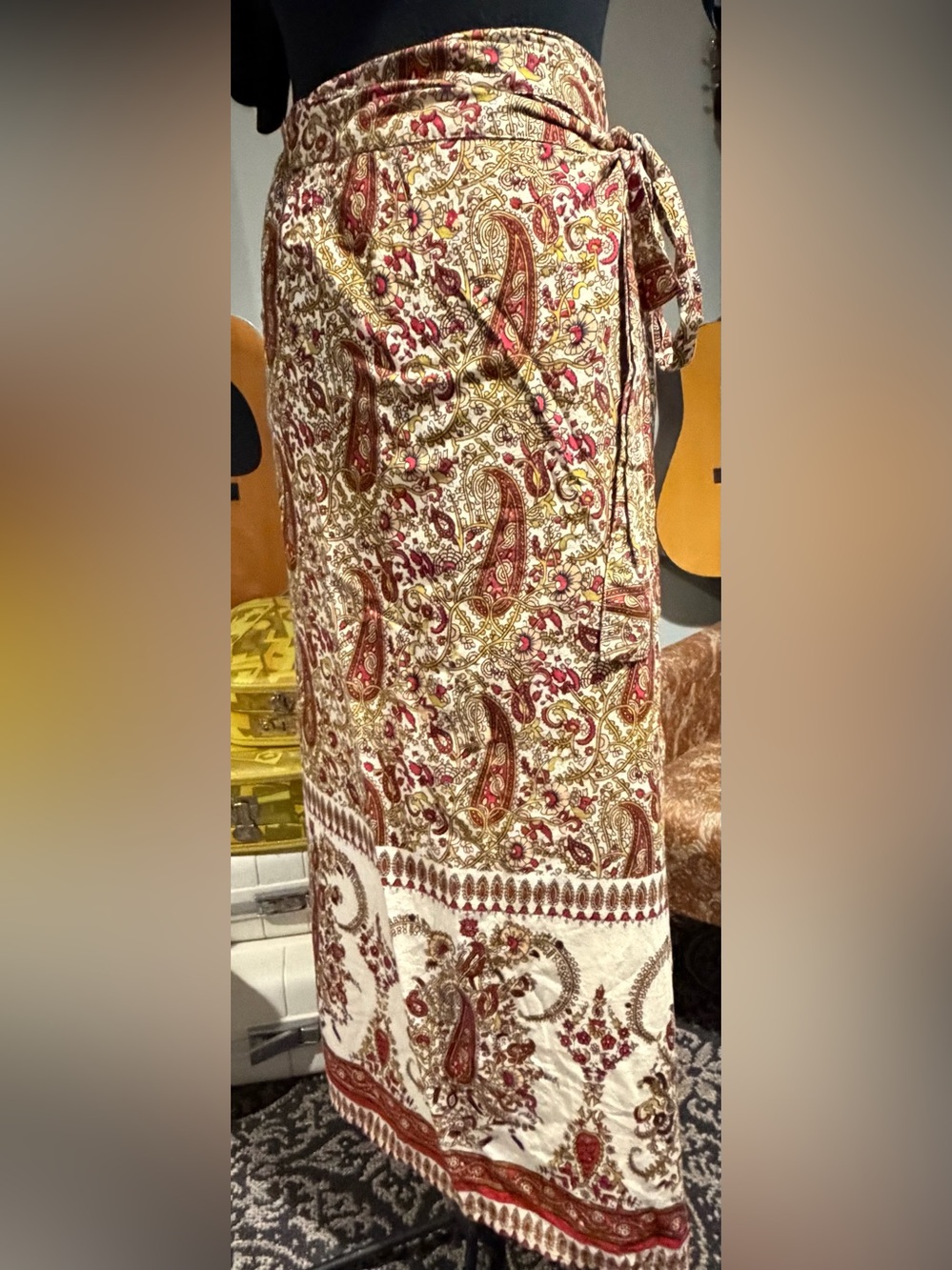 Women’s Wrap Skirt in Cream and Burgundy Paisley